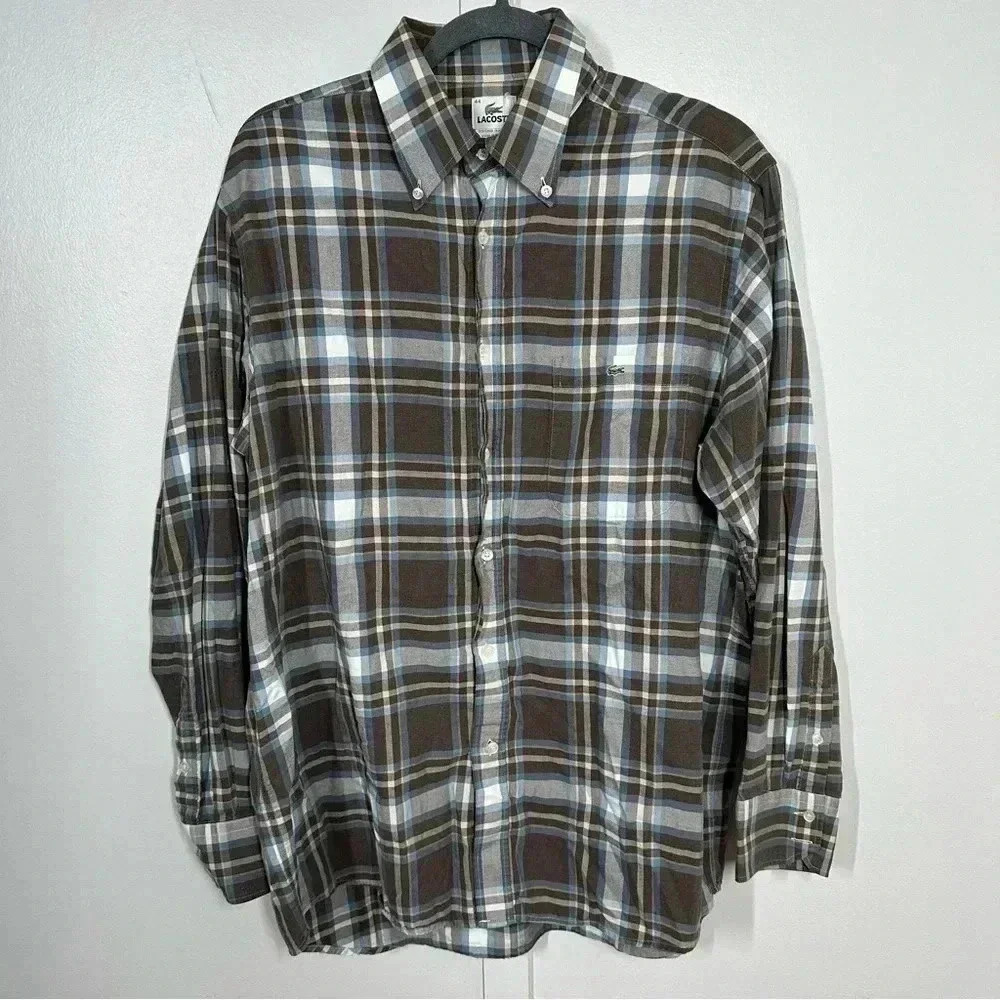 Lacoste Long Sleeves Button Down Brown Plaid Casual Dress Shirt Size 44 XL